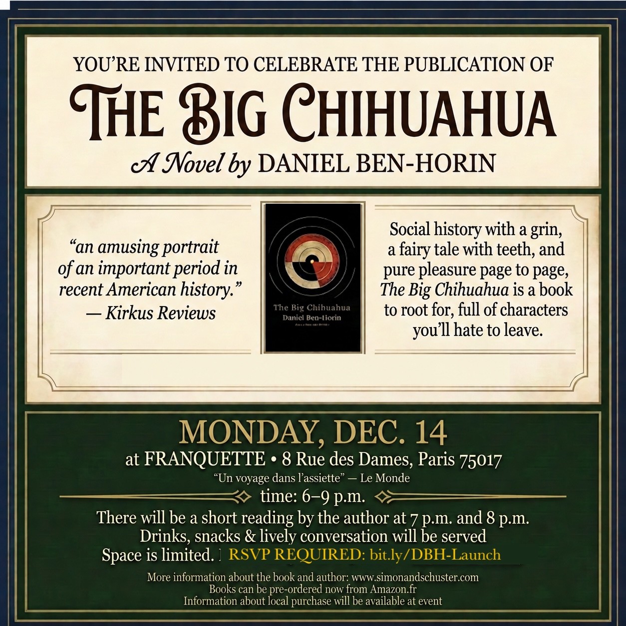 Invitation to the publication celebration for The Big Chihuahua at Franquette in Paris on Monday, December 14, with readings at 7 and 8 p.m. RSVP required at bit.ly/DBH-Launch.
